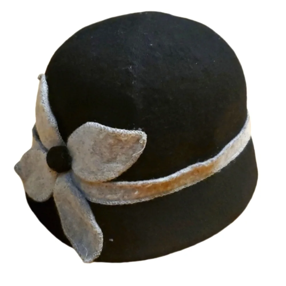 August Woman's Black Wool Fitted Bucket‎ Hat with Flower